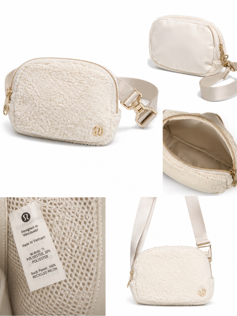 lululemon athletica Cream Sherpa Belt Bag with Gold Hardware.